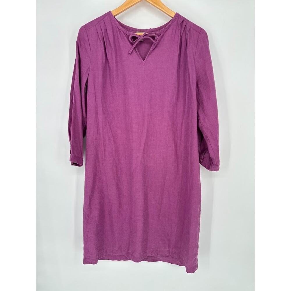J.Jill Purple Linen Tie Neck Shift Dress Size Small Beach Lagenlook Coastal